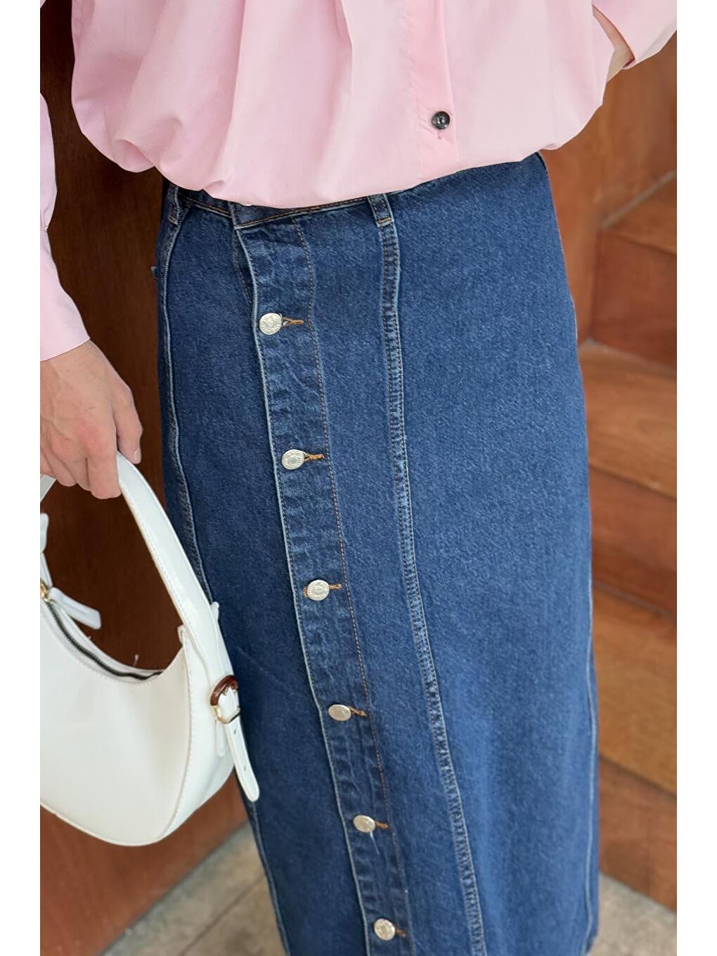 Düğmeli Jean Etek Koyu Mavi-2