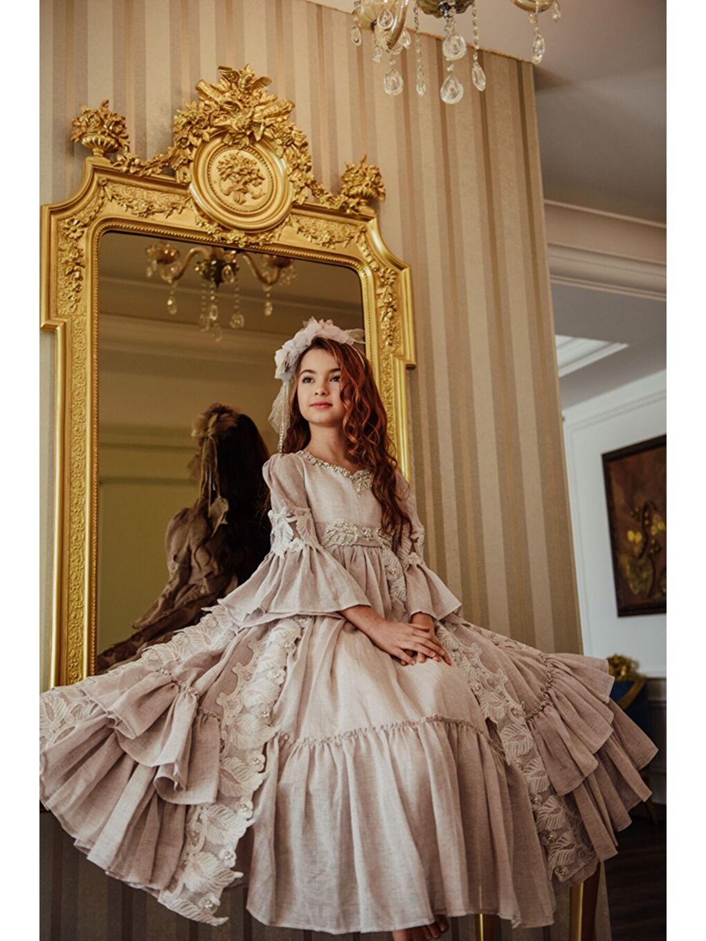 Pembe Özel Tasarım Uzun Kız Çocuk Abiye Elbise, Taç Aksesuarlı, Doğum Günü Elbisesi_M2050-3