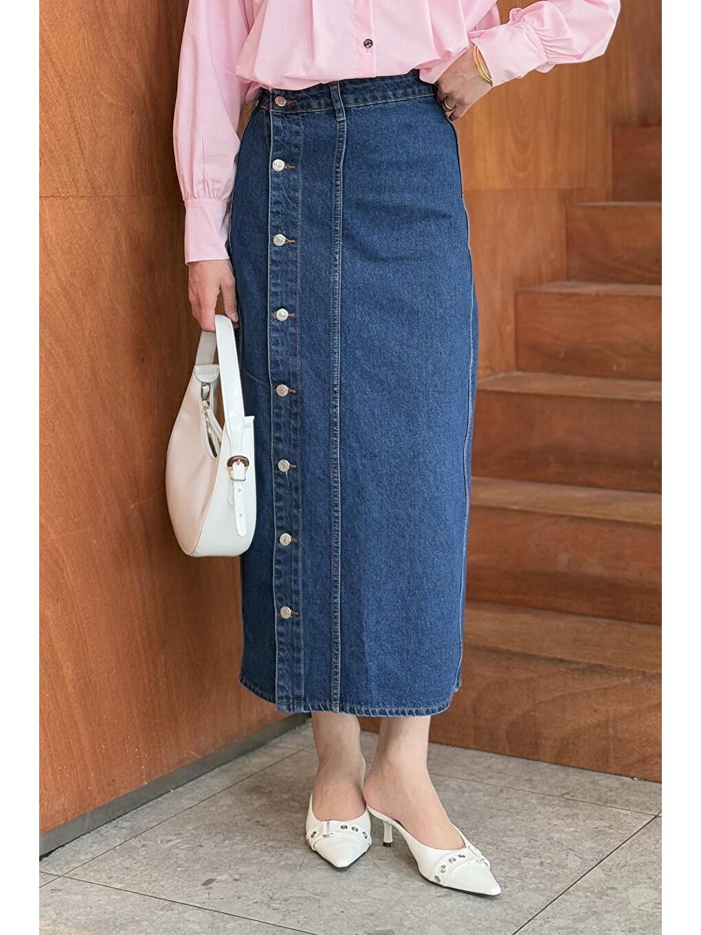 Düğmeli Jean Etek Koyu Mavi-3