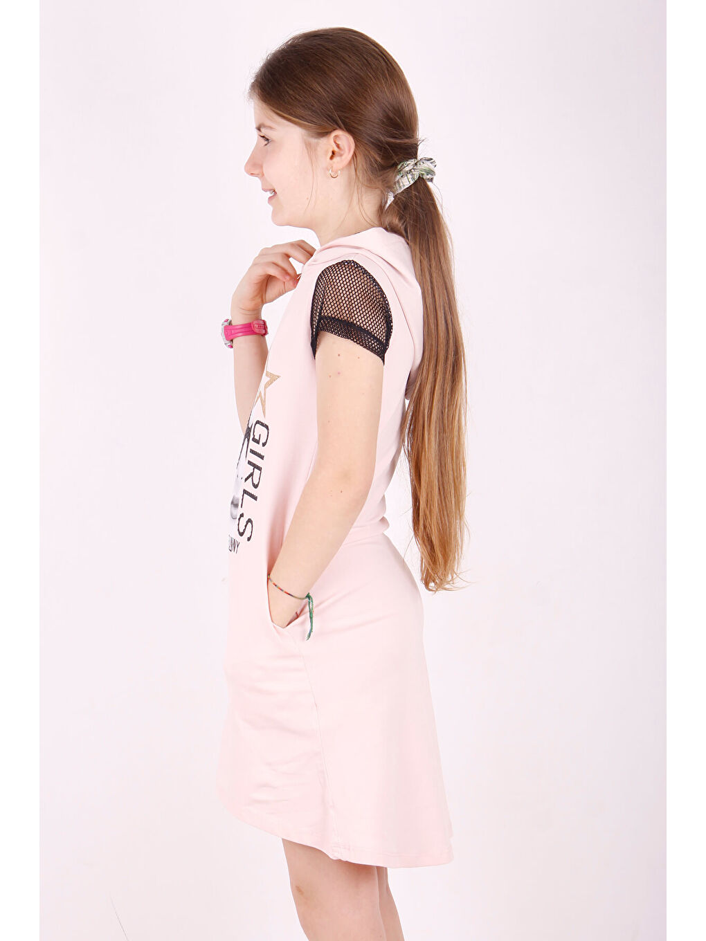 Pembe Kız Çocuk Kapüşonlu Cepli Elbise-1