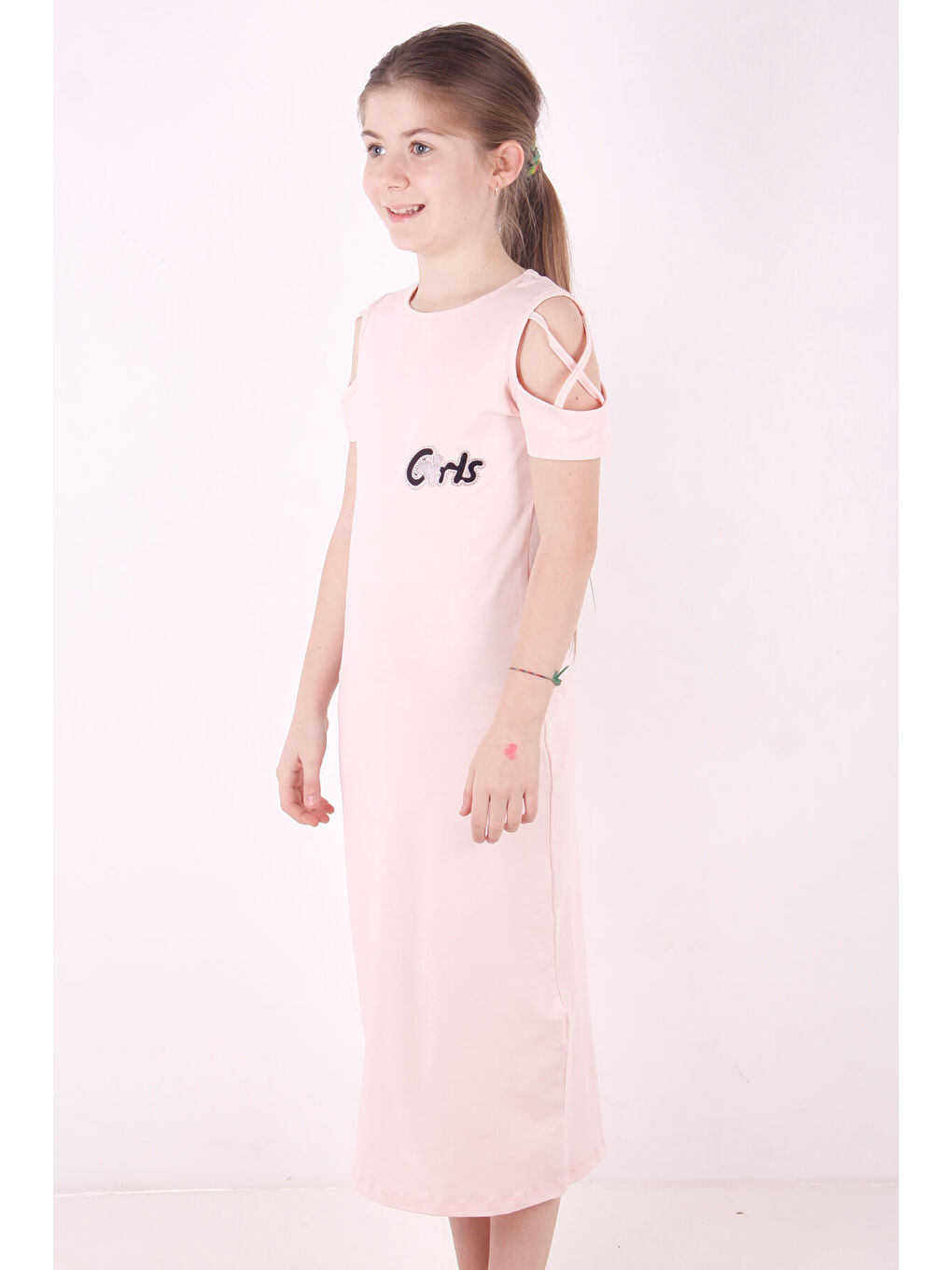 Pembe Kız Çocuk Kol Detaylı Elbise-3