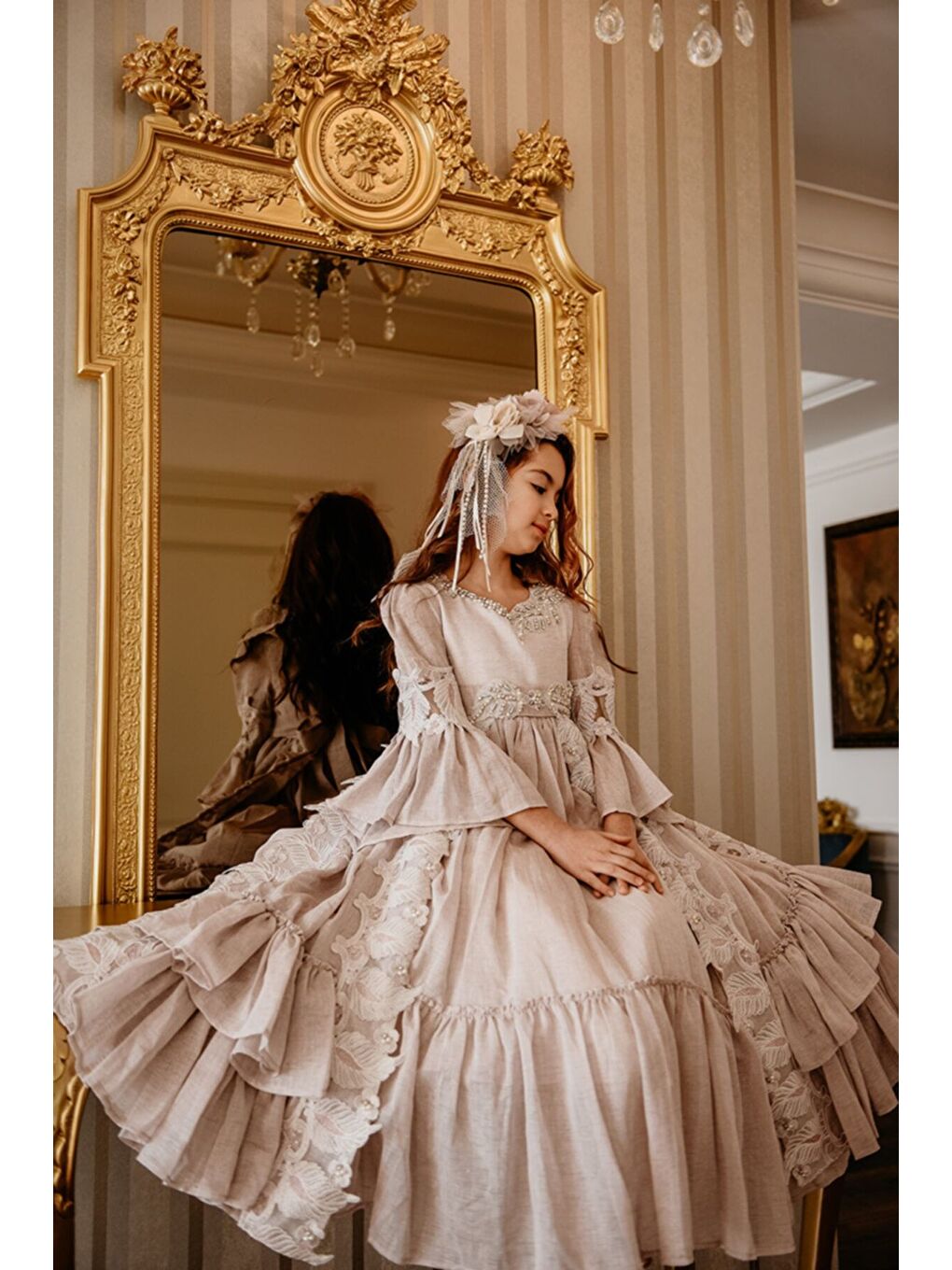 Pembe Özel Tasarım Uzun Kız Çocuk Abiye Elbise, Taç Aksesuarlı, Doğum Günü Elbisesi_M2050-5