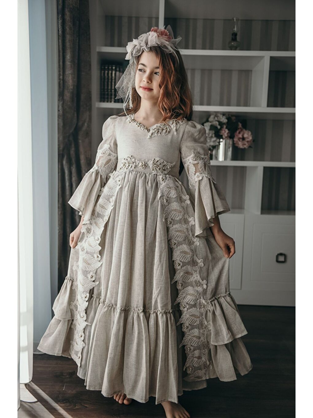 Bej Özel Tasarım Uzun Kız Çocuk Abiye Elbise, Taç Aksesuarlı, Doğum Günü Elbisesi_M2050-2