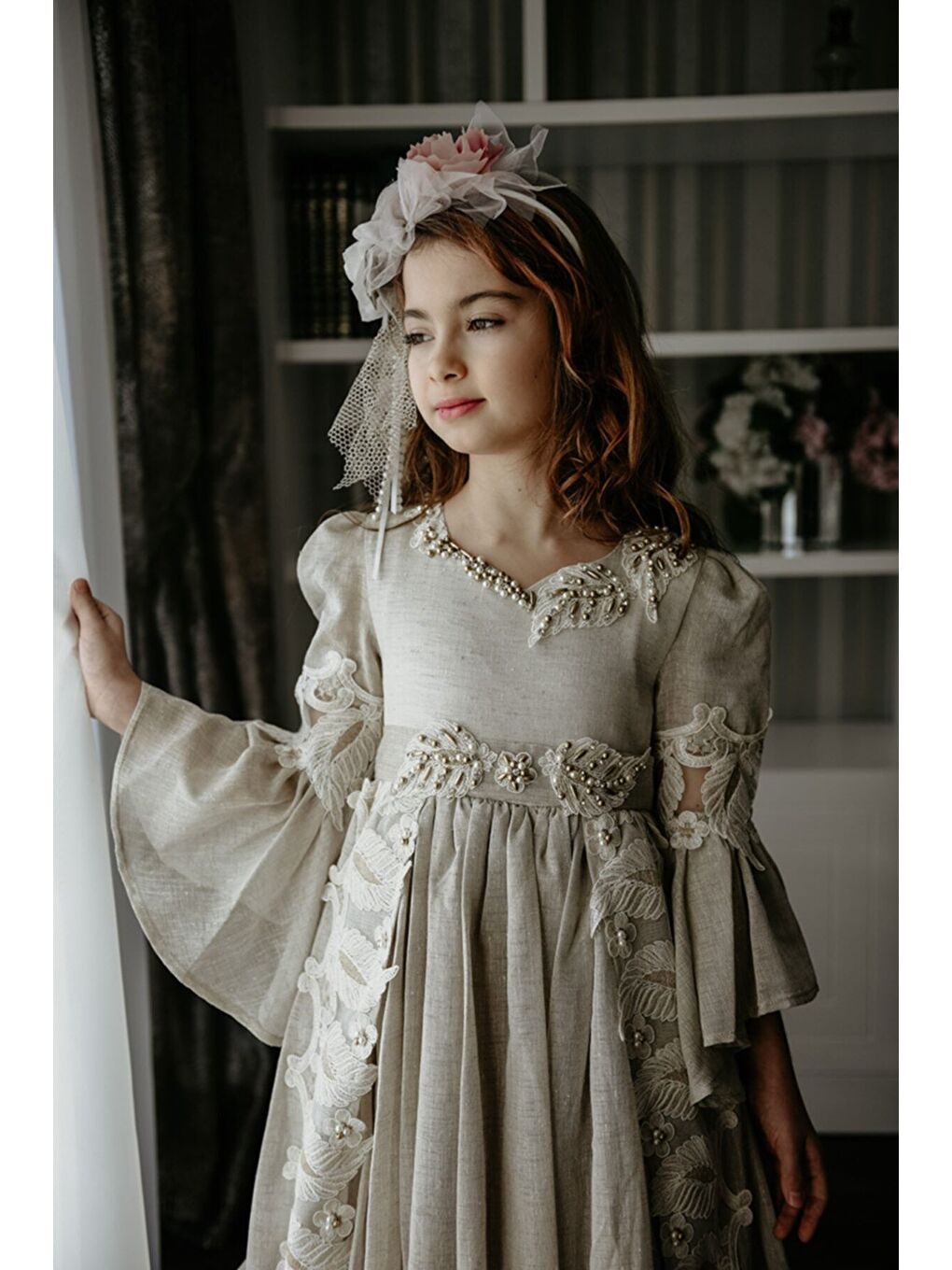 Bej Özel Tasarım Uzun Kız Çocuk Abiye Elbise, Taç Aksesuarlı, Doğum Günü Elbisesi_M2050-3