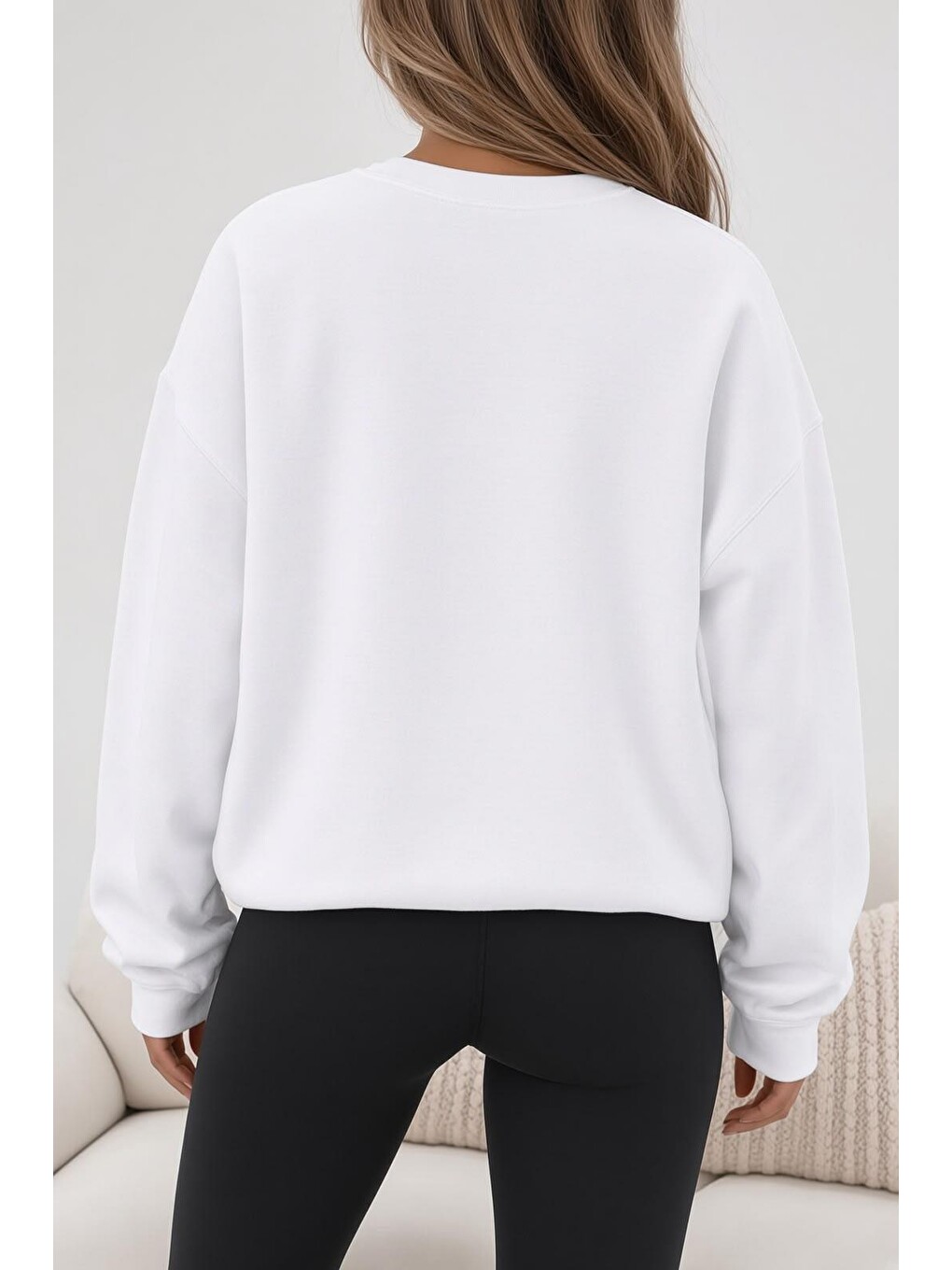 Beyaz Bs Salem Massachusetts Ön Baskılı Kadın Oversize Bisiklet Yaka Sweatshirt-1