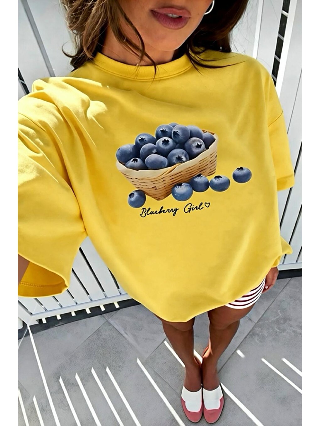 Blueberry Girl Tasarım Baskılı Pamuklu Oversize Kadın T-shirt