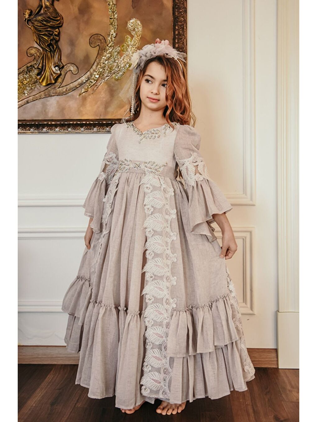 Pembe Özel Tasarım Uzun Kız Çocuk Abiye Elbise, Taç Aksesuarlı, Doğum Günü Elbisesi_M2050-7