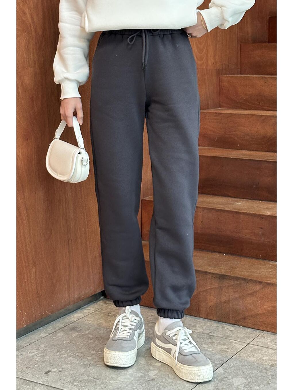 Gri Üç İplik Şardonlu  Eşofman Altı Füme-3