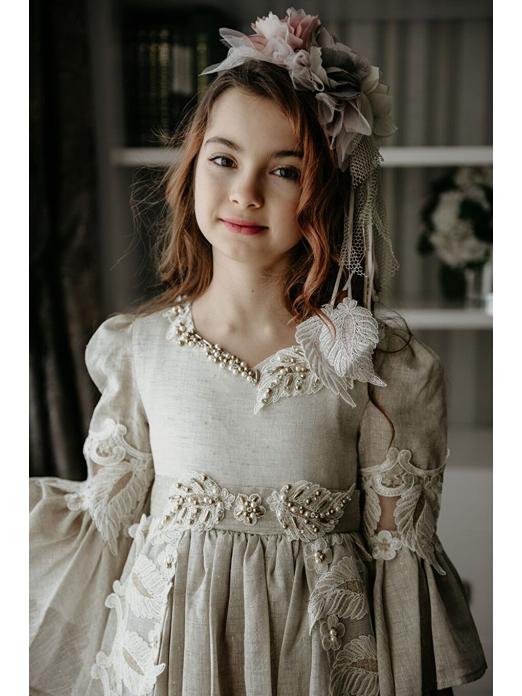 Bej Özel Tasarım Uzun Kız Çocuk Abiye Elbise, Taç Aksesuarlı, Doğum Günü Elbisesi_M2050-4