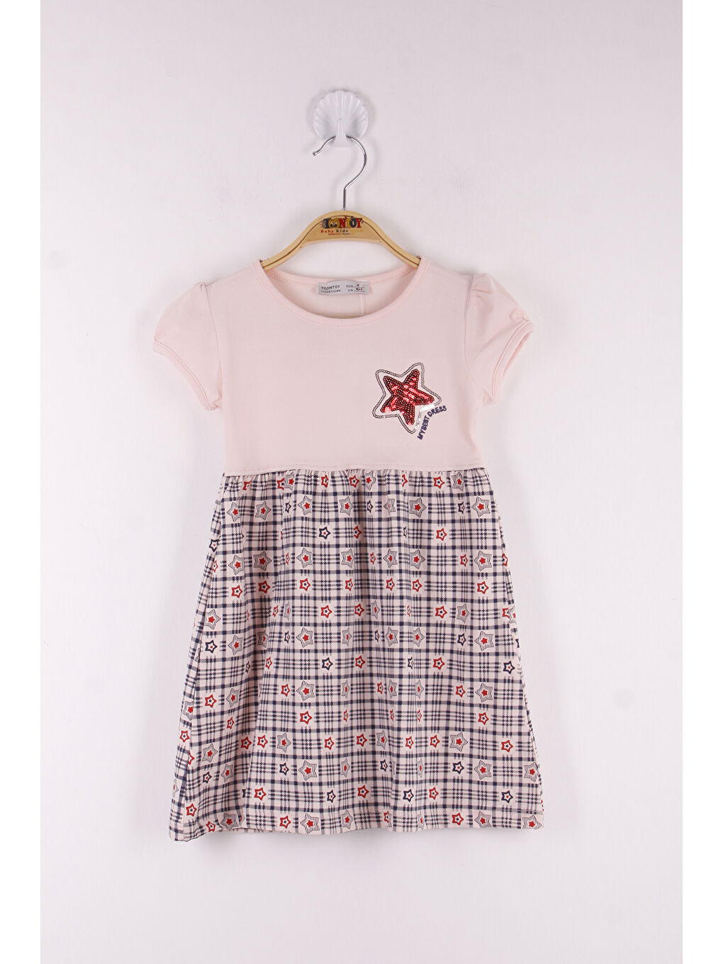 Pembe Kız Çocuk Pullu Yıldız Nakışlı Elbise