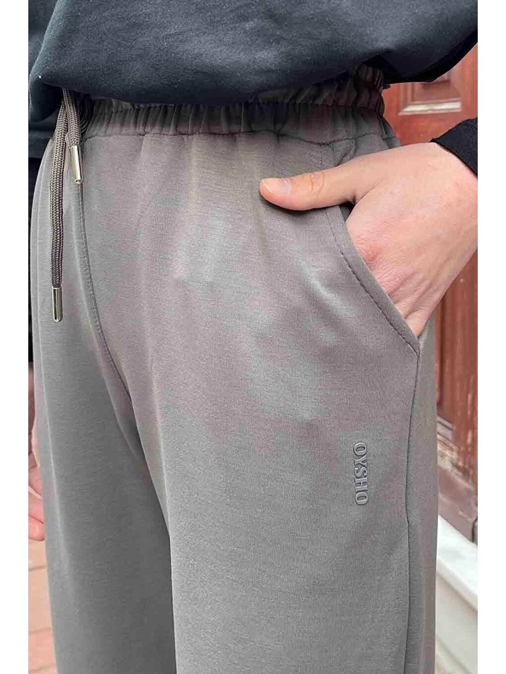 Gri Modal Kumaş Paça Lastik Detay Eşofman Füme-3