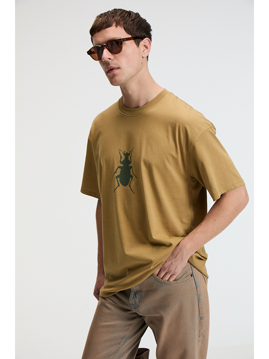 Bold Erkek %100 Pamuk Oversize Fit Baskılı Kısa Kollu Yuvarlak Yakalı Koyu Bej T-shirt-2