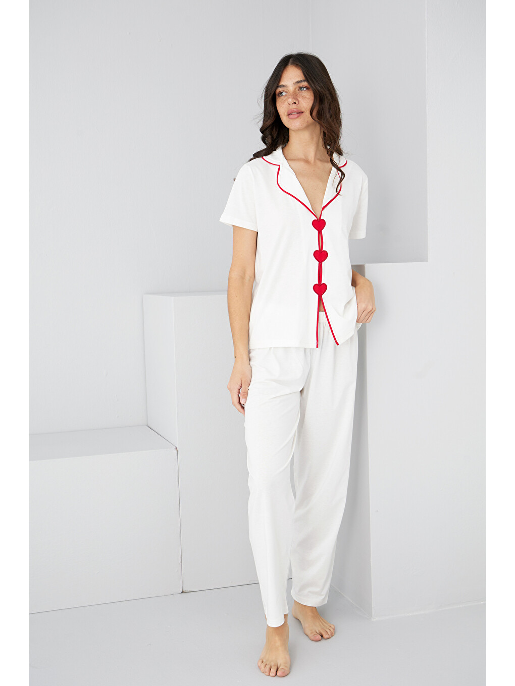 Ekru Kalpli Biye Detaylı Örme Pijama Takım7891-1