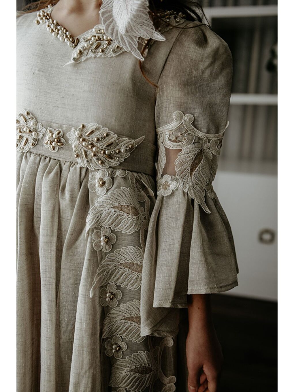 Bej Özel Tasarım Uzun Kız Çocuk Abiye Elbise, Taç Aksesuarlı, Doğum Günü Elbisesi_M2050-5