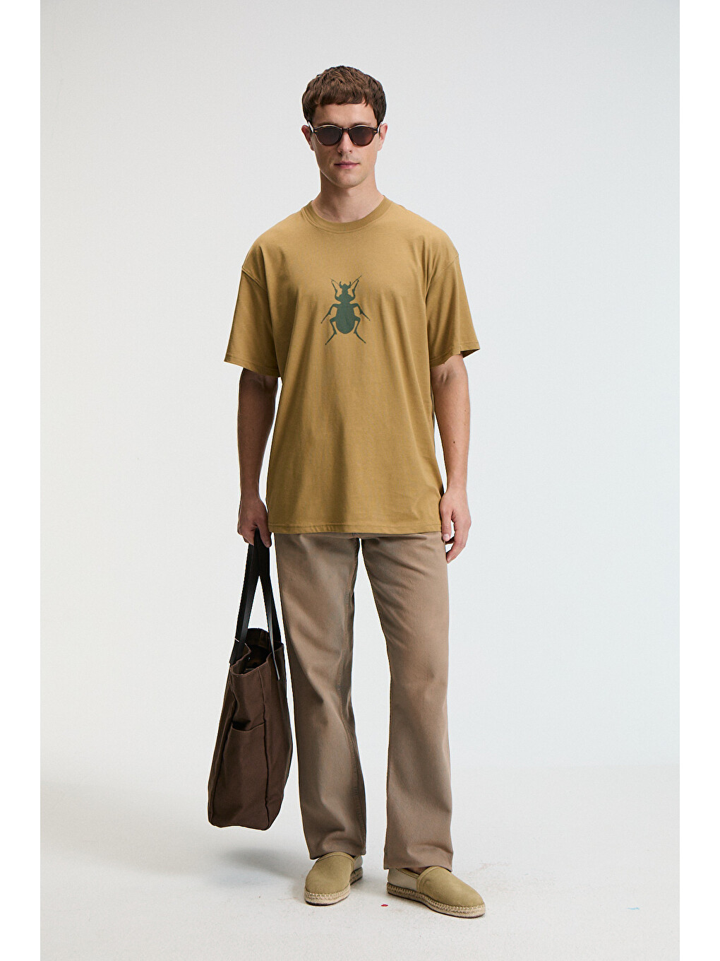 Bold Erkek %100 Pamuk Oversize Fit Baskılı Kısa Kollu Yuvarlak Yakalı Koyu Bej T-shirt-3