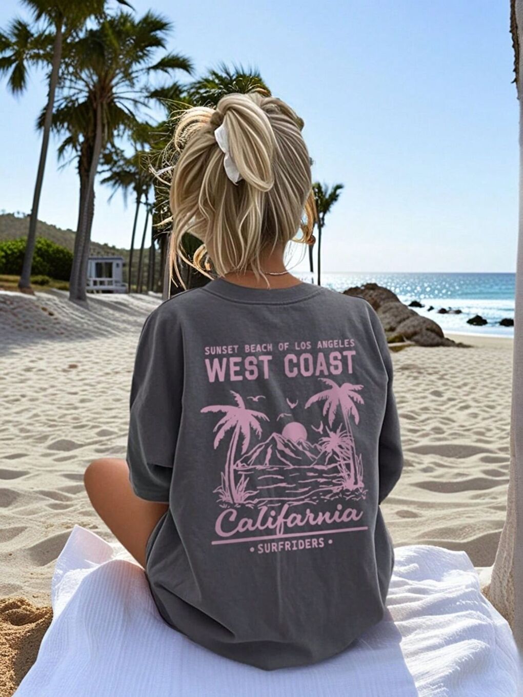 Gri Kadın Füme West Coast Calif Baskı Regular Fit Tişört