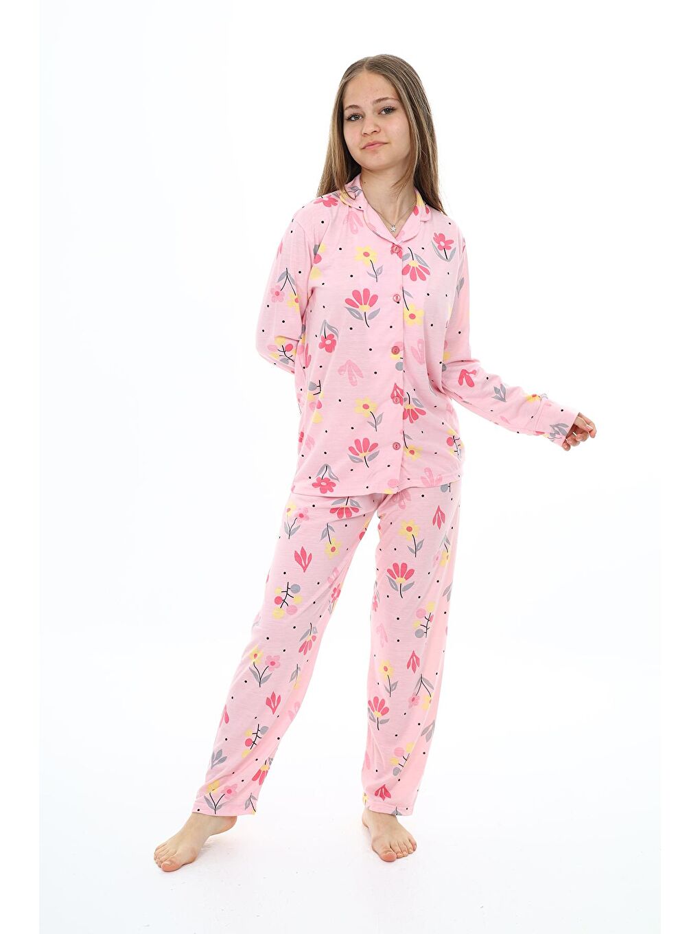 EFTELYA Pembe Kız Çocuk Papatya Baskılı Pijama Takımı 7-16 Yaş 0154