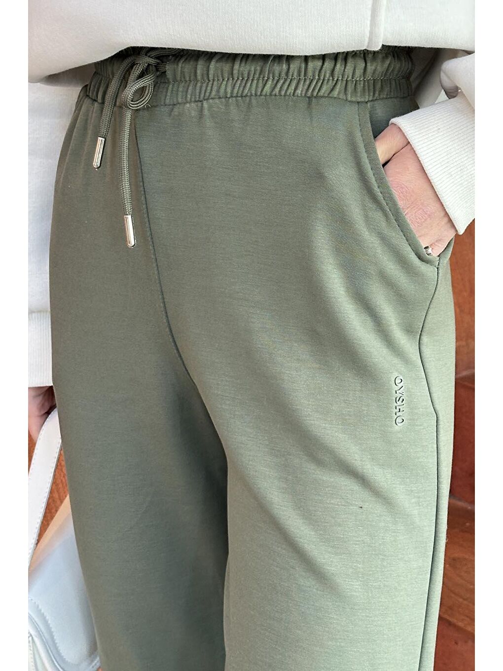 Modal Kumaş Paça Lastik Detay Eşofman Haki-2