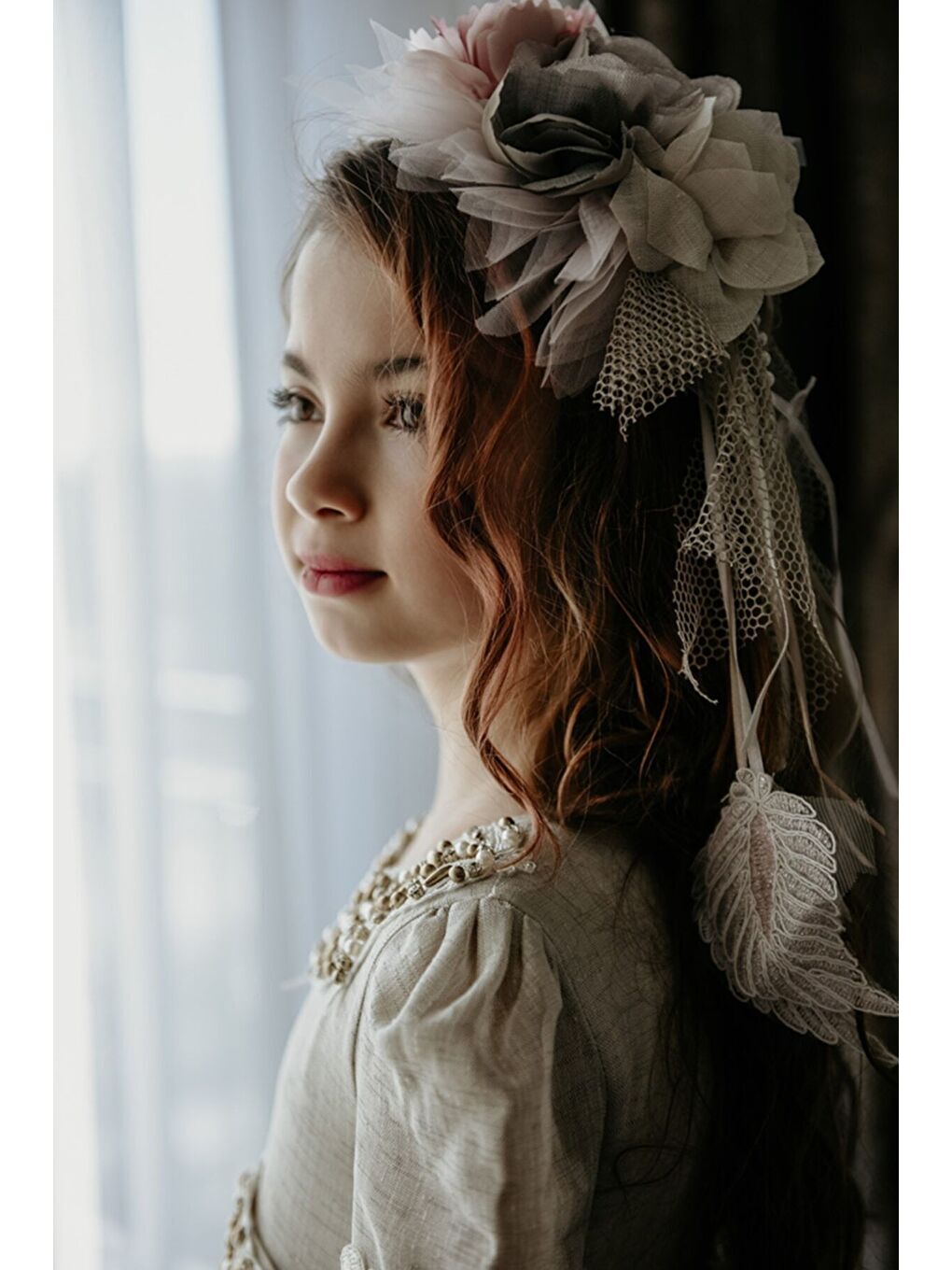 Bej Özel Tasarım Uzun Kız Çocuk Abiye Elbise, Taç Aksesuarlı, Doğum Günü Elbisesi_M2050-6