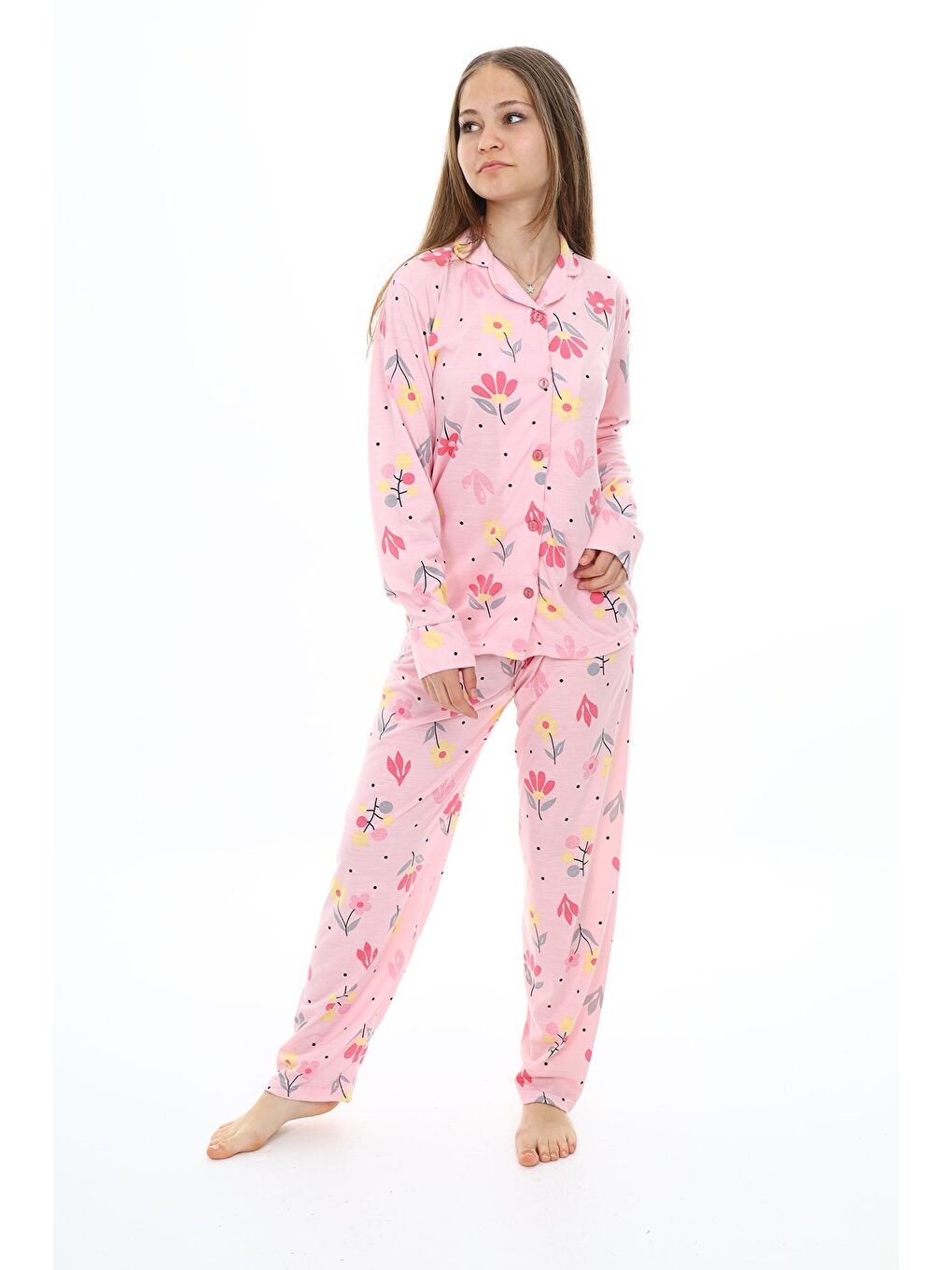 EFTELYA Pembe Kız Çocuk Papatya Baskılı Pijama Takımı 7-16 Yaş 0154 - 1