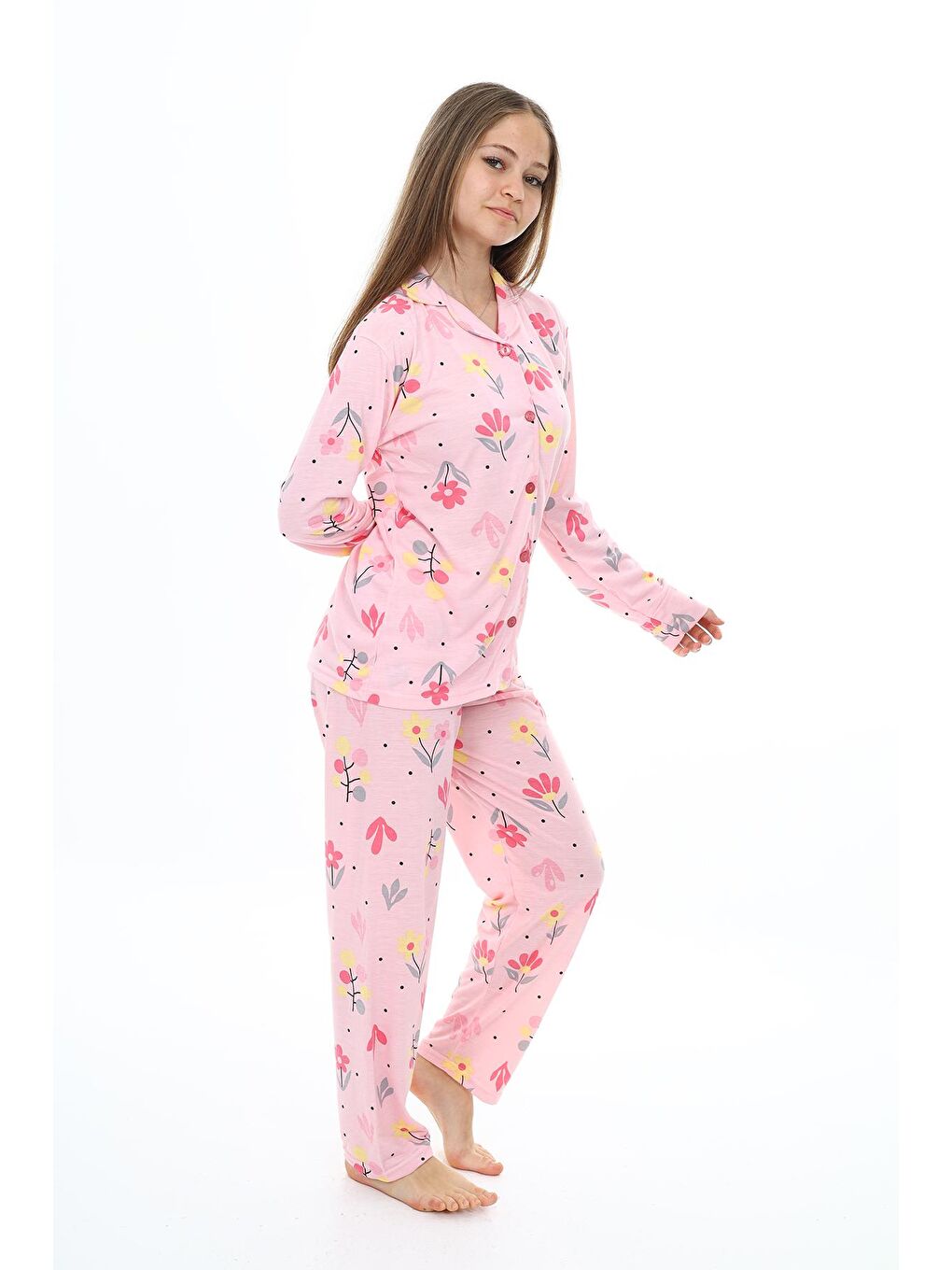 EFTELYA Pembe Kız Çocuk Papatya Baskılı Pijama Takımı 7-16 Yaş 0154 - 2