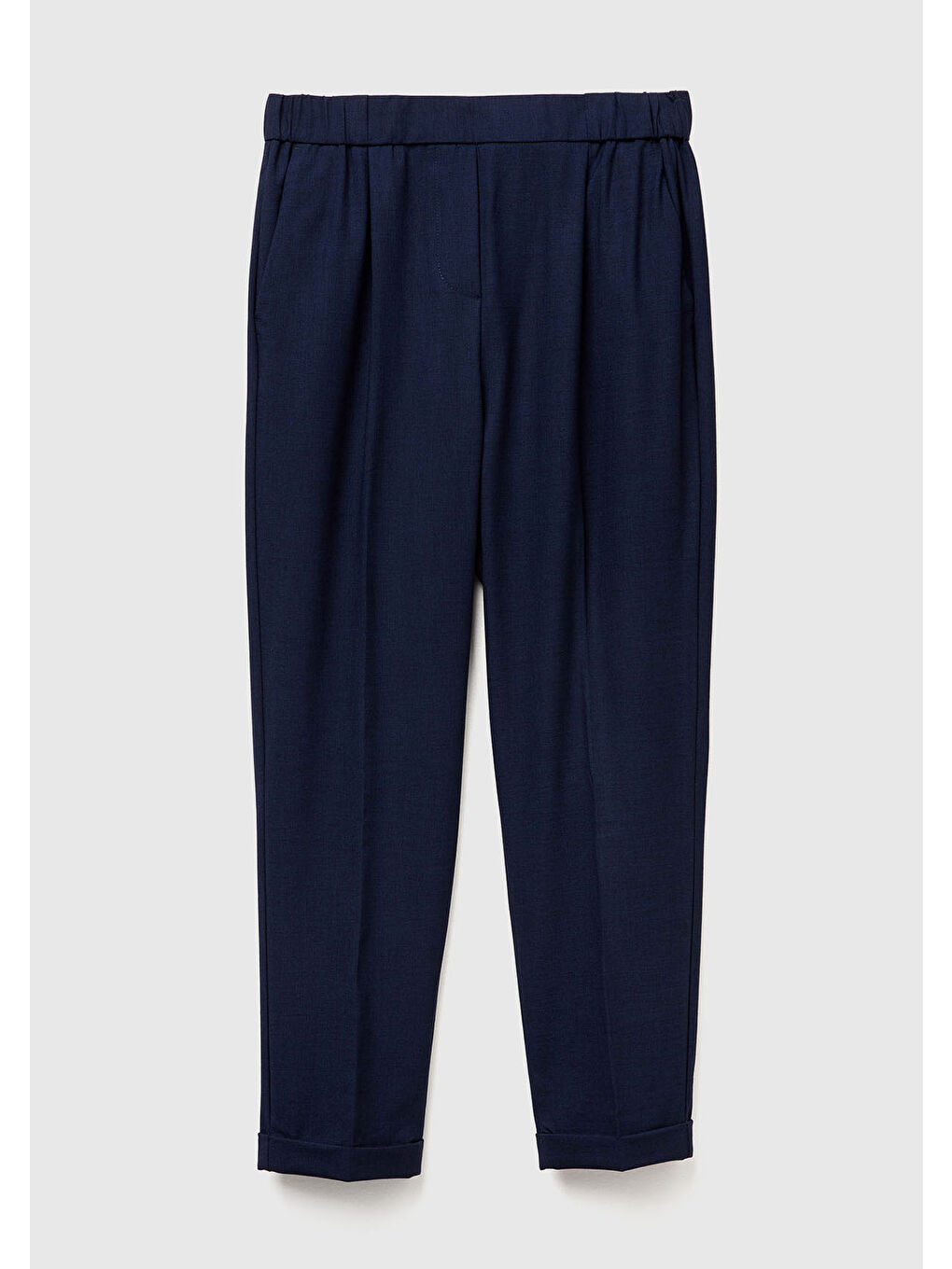 Kadın Lacivert Viskoz Karışımlı Yanı ve Arkası Büzgülü Kıvrık Paça Pantolon-1