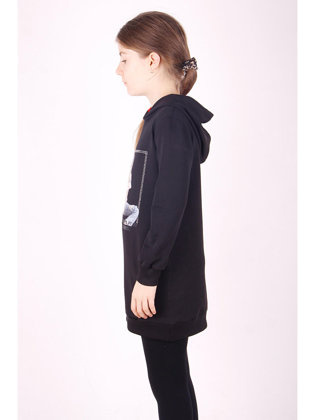 Siyah Kız Çocuk Bereli Kız Baskılı Kapüşonlu Elbise-1