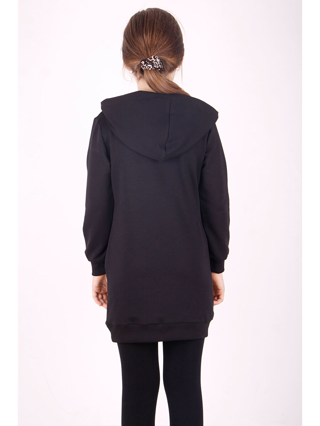 Siyah Kız Çocuk Bereli Kız Baskılı Kapüşonlu Elbise-2