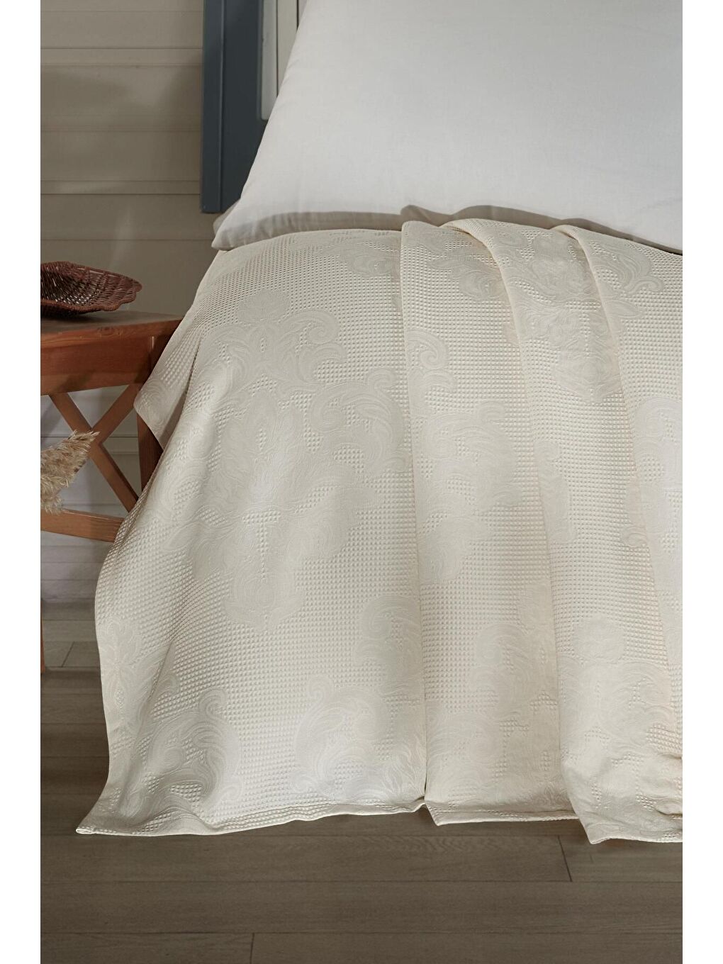 Ekru Jakarlı Bambu Çift Kişilik Pike Balder Krem-1