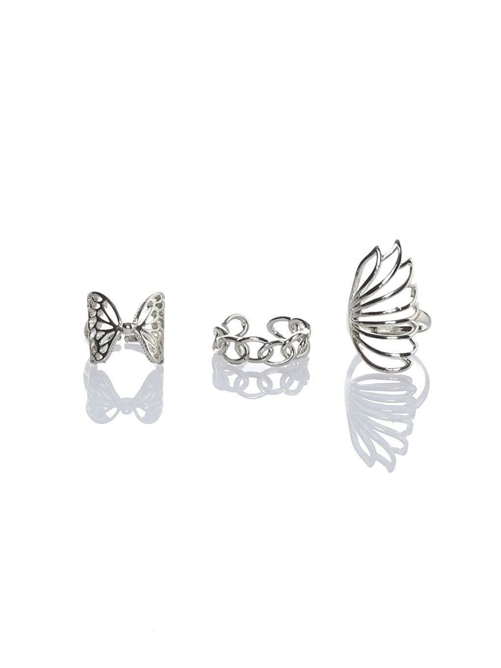 Gri Kadın Gümüş Renk Lak Kaplama Ayarlanabilir Özel Ürün 3'lü Yüzük Seti