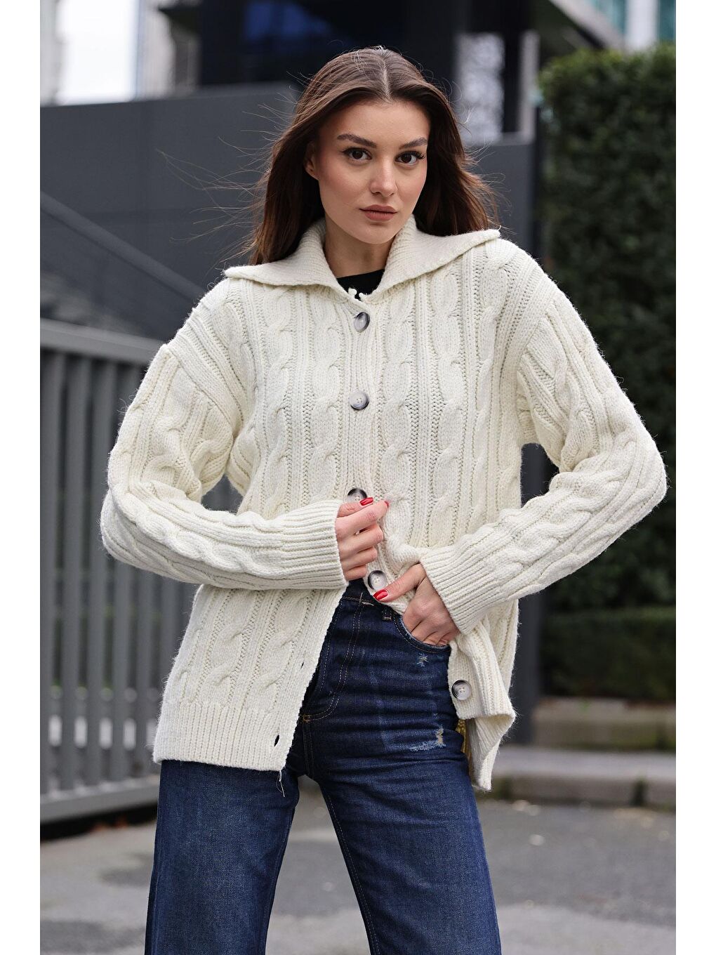 15856 Saç Örgülü Hırka - Ekru-1