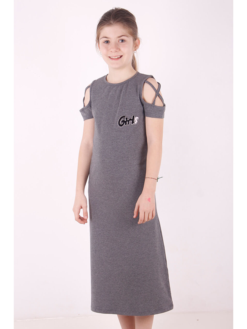 Antrasit Kız Çocuk Kol Detaylı Elbise-1