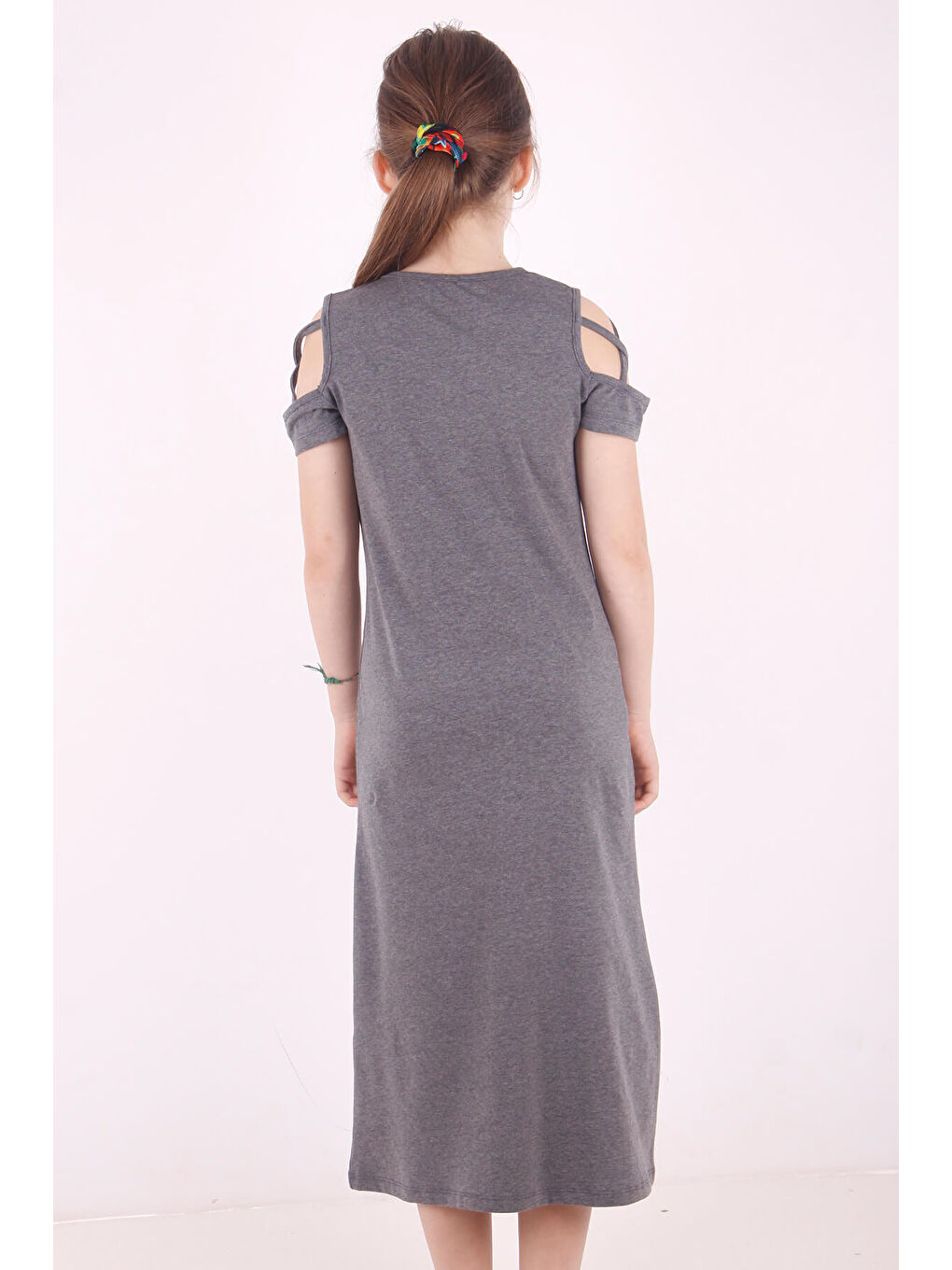 Antrasit Kız Çocuk Kol Detaylı Elbise-2