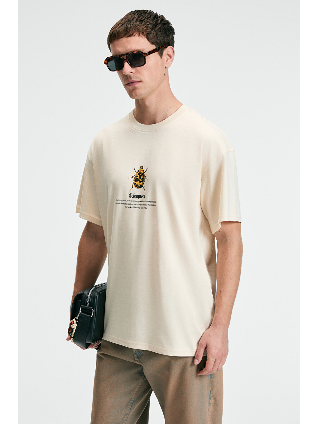 Bej Bold Erkek %100 Pamuk Oversize Fit Baskılı Kısa Kollu Yuvarlak Yakalı Vanilya T-shirt-3