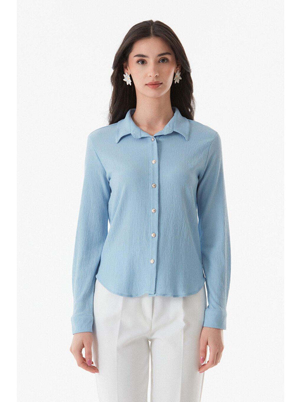 Mavi Basic Bürümcük Kumaş Uzun Kollu Gömlek