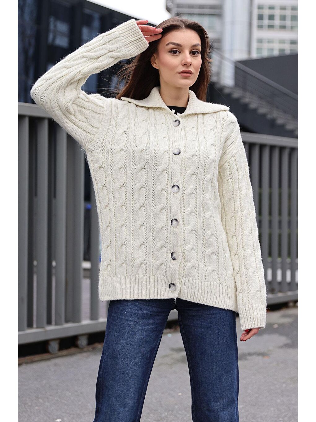 15856 Saç Örgülü Hırka - Ekru-2