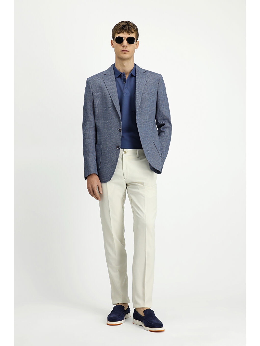 Mavi Muscle Fit Keten Karışımlı Çizgili Spor Ceket-1