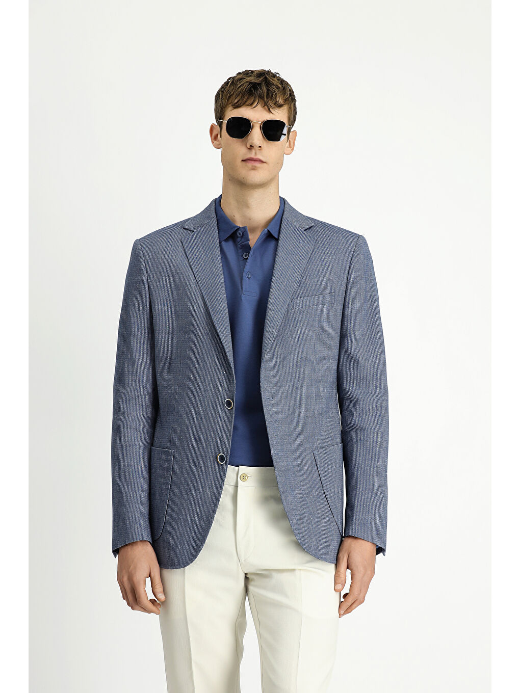 Mavi Muscle Fit Keten Karışımlı Çizgili Spor Ceket-2