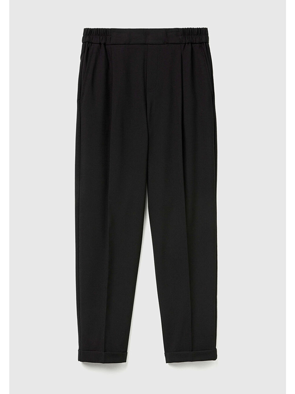 Kadın Siyah Viskoz Karışımlı Yanı ve Arkası Büzgülü Kıvrık Paça Pantolon-1