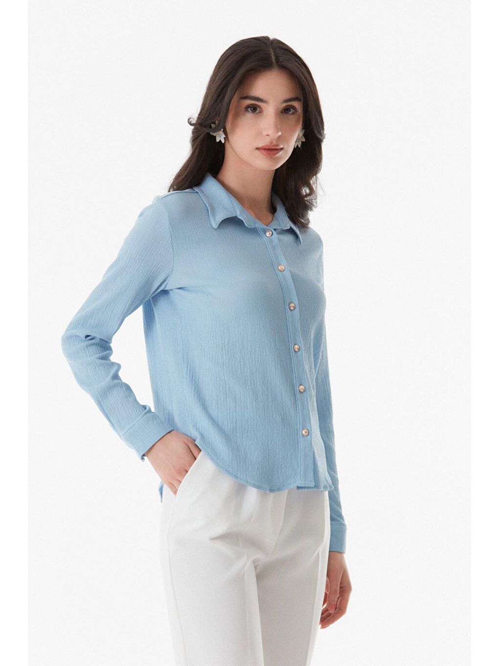Mavi Basic Bürümcük Kumaş Uzun Kollu Gömlek-3
