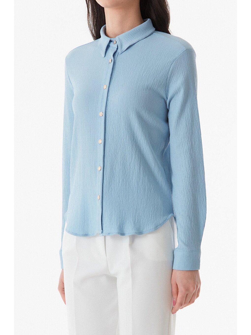 Mavi Basic Bürümcük Kumaş Uzun Kollu Gömlek-4