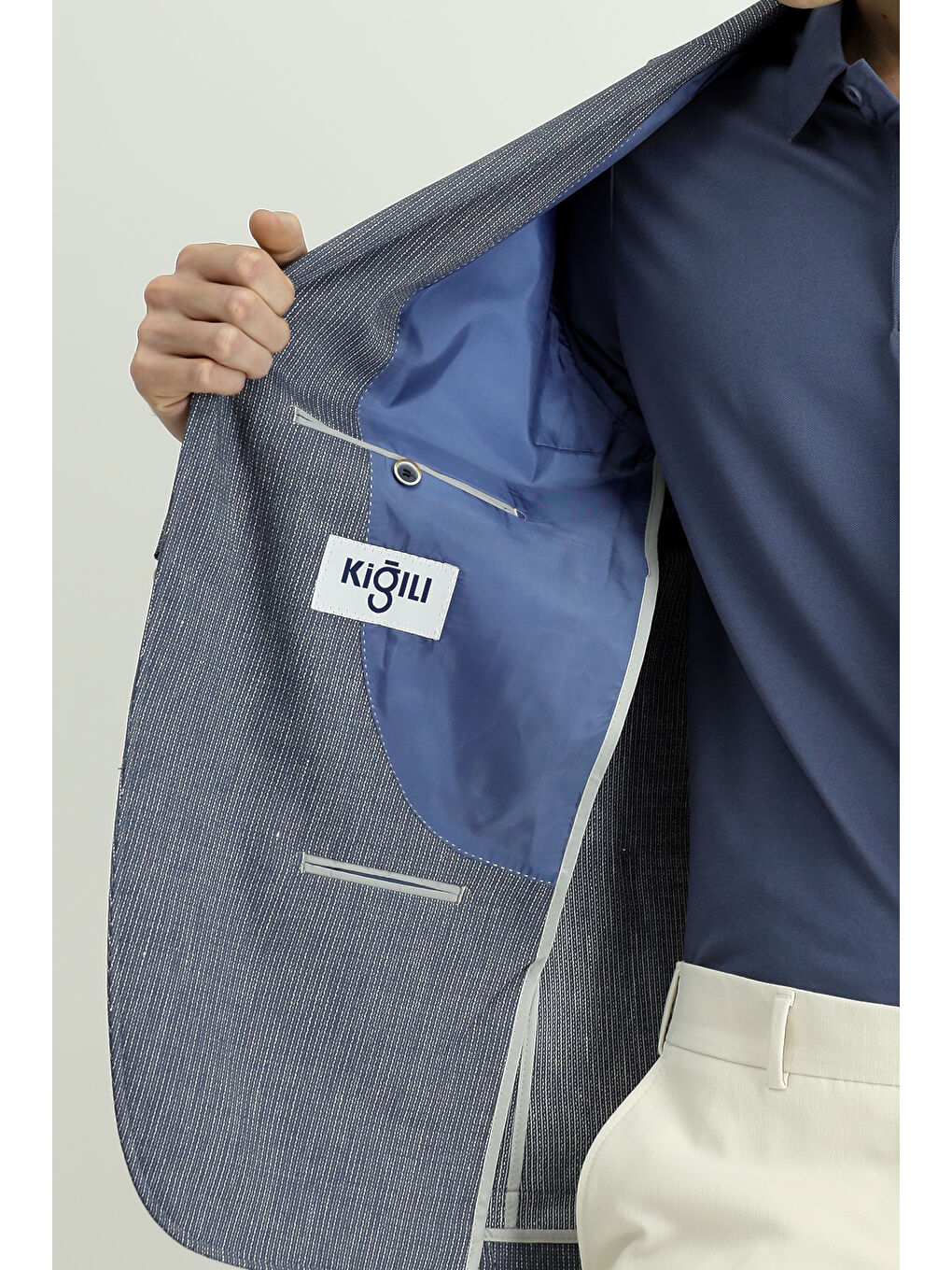 Mavi Muscle Fit Keten Karışımlı Çizgili Spor Ceket-5