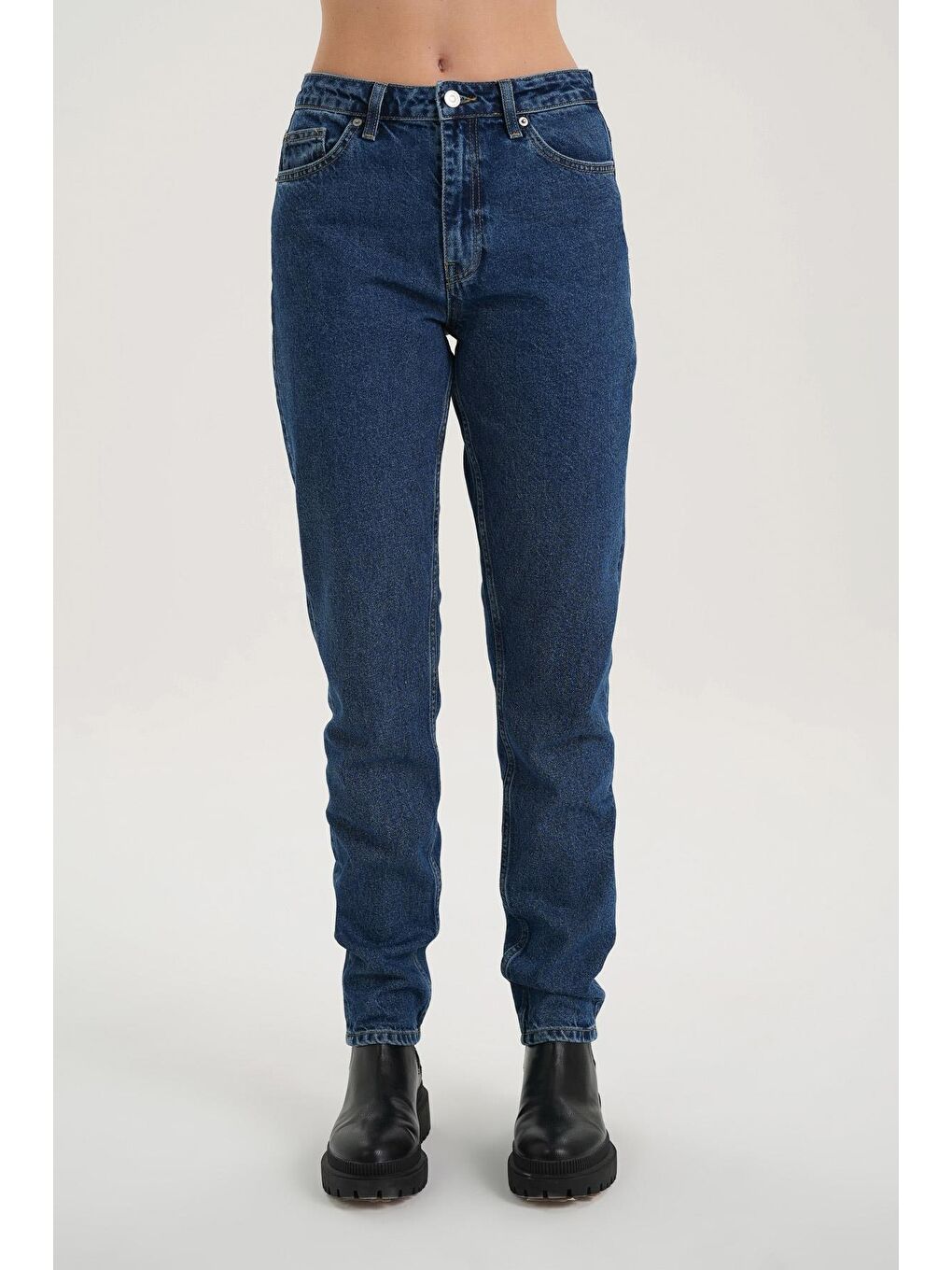 Ariana Koyu Mavi Yüksek Bel Patı Fermuarlı Mom Fit Jean Pantolon C 4525-161-1