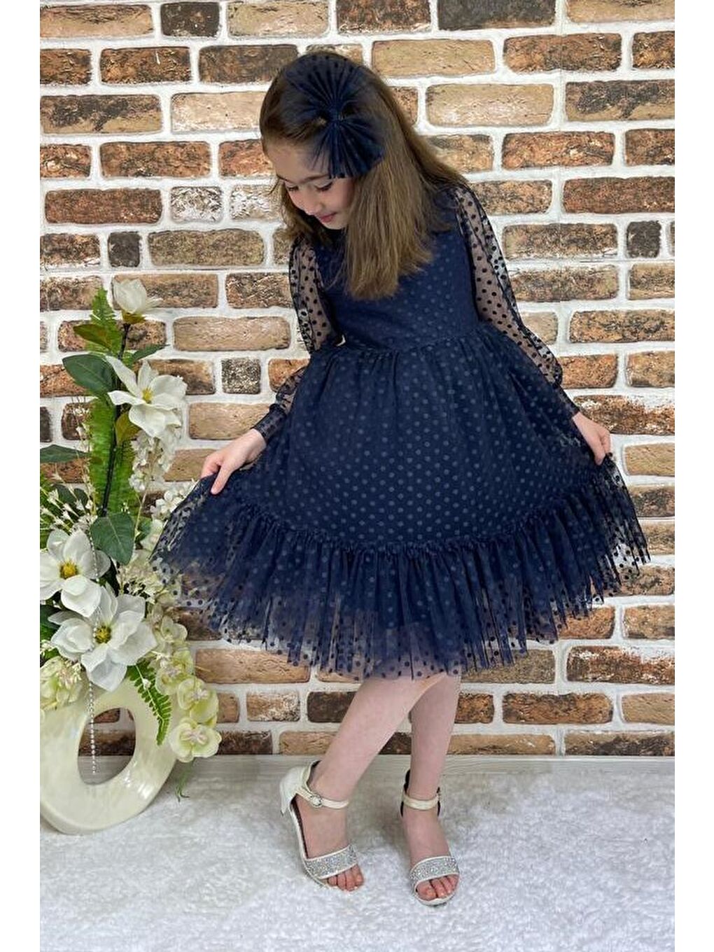 Lacivert Katkat Prenses Dantel Tokalı Kız Çocuk Elbise MNK0306-1