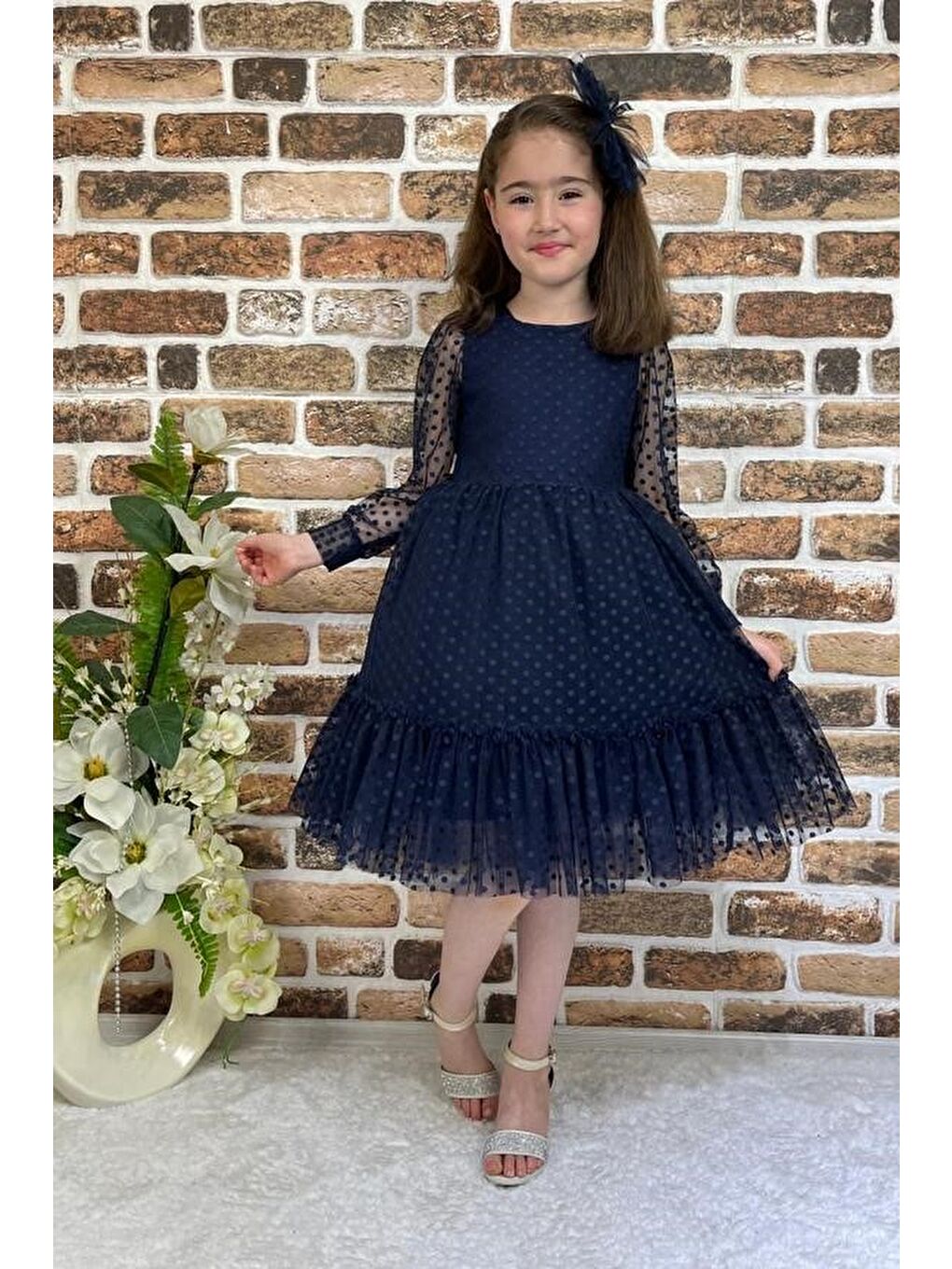 Lacivert Katkat Prenses Dantel Tokalı Kız Çocuk Elbise MNK0306-2