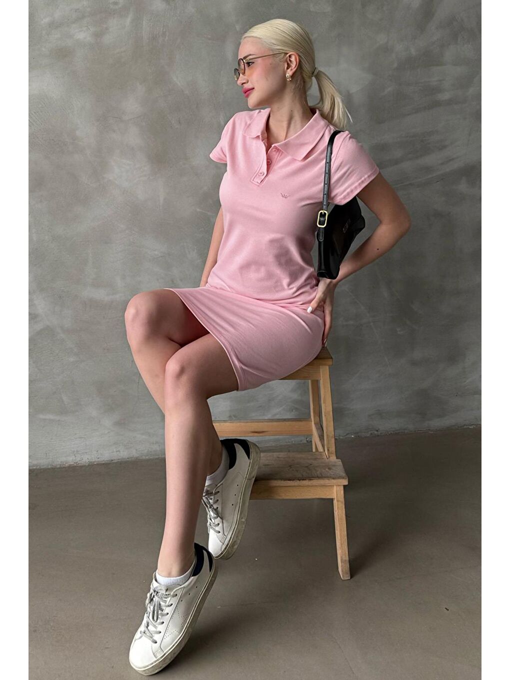 Pembe Düğmeli Polo Yaka Kadın Elbise Mg2305-3