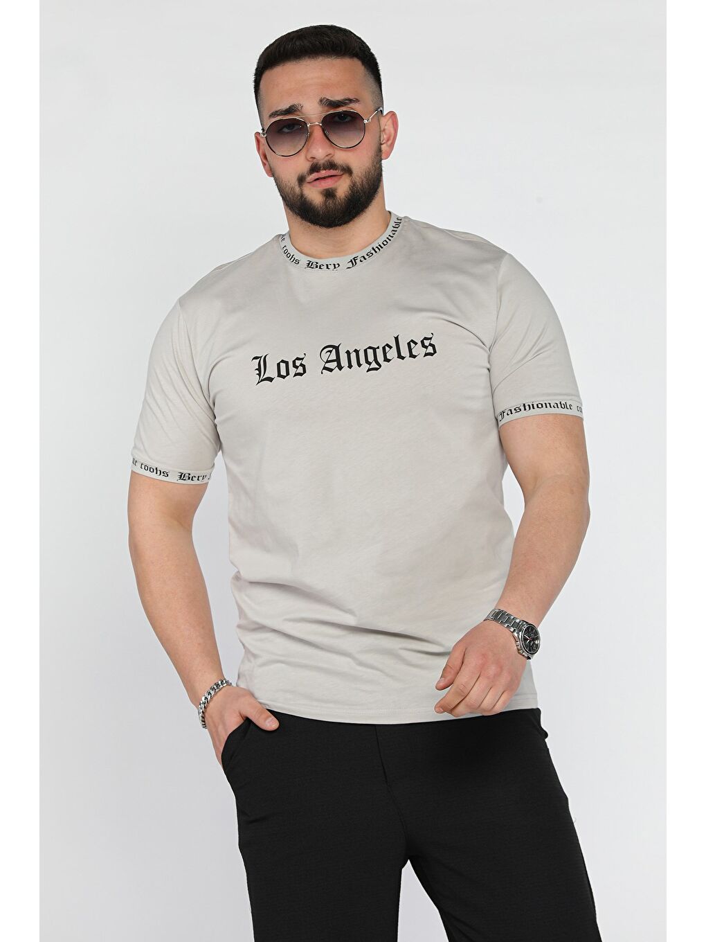 Gri Erkek Bisiklet Yaka Yazı Baskılı Tişört