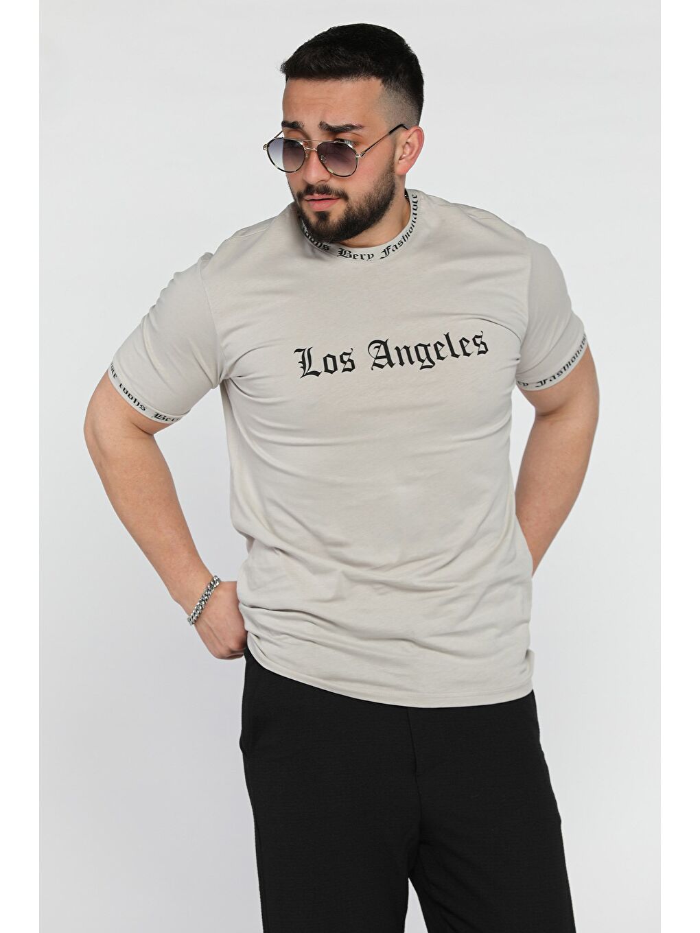 Gri Erkek Bisiklet Yaka Yazı Baskılı Tişört-1