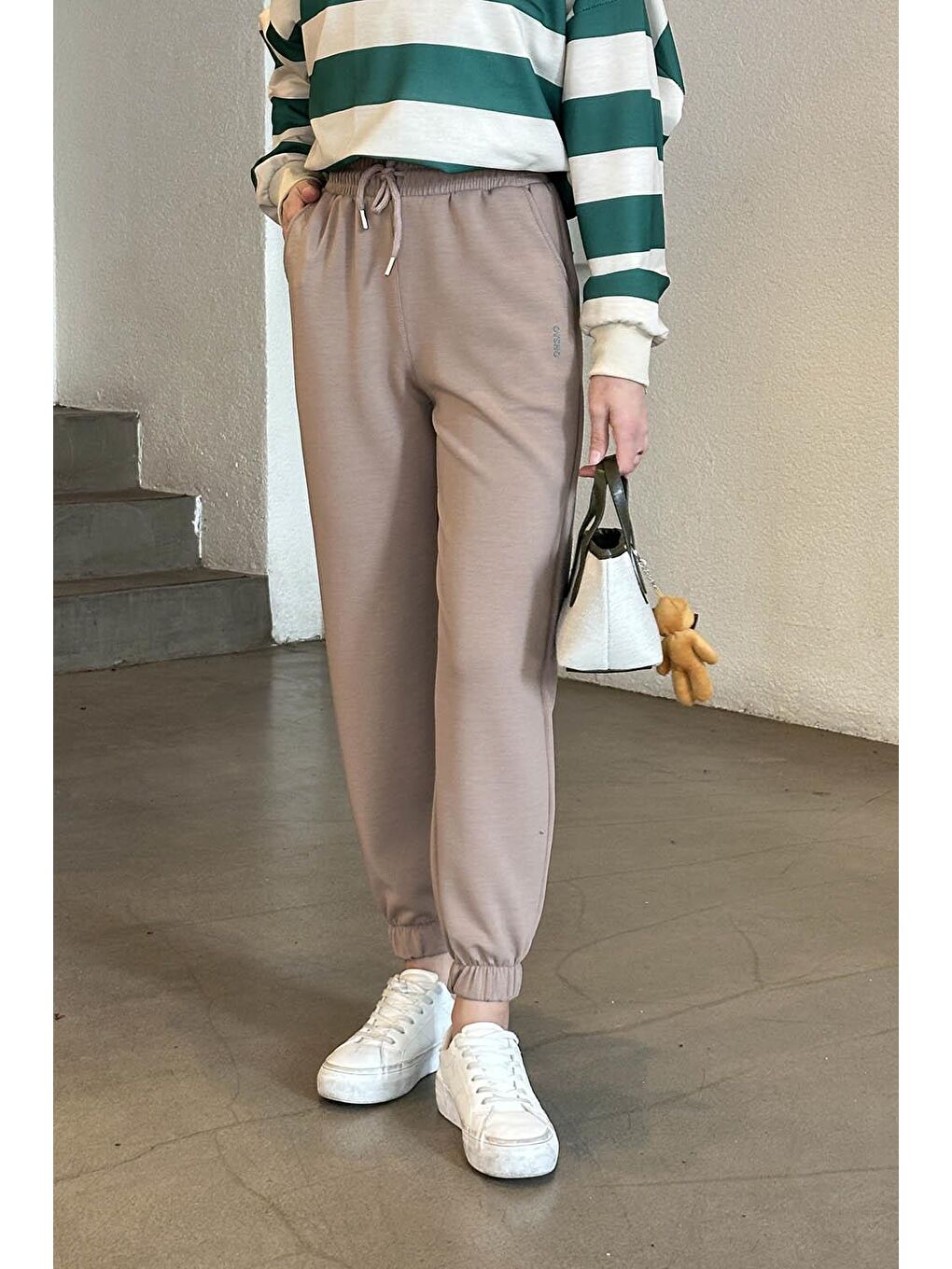 Kahverengi Modal Kumaş Paça Lastik Detay Eşofman Soft Kahve-1