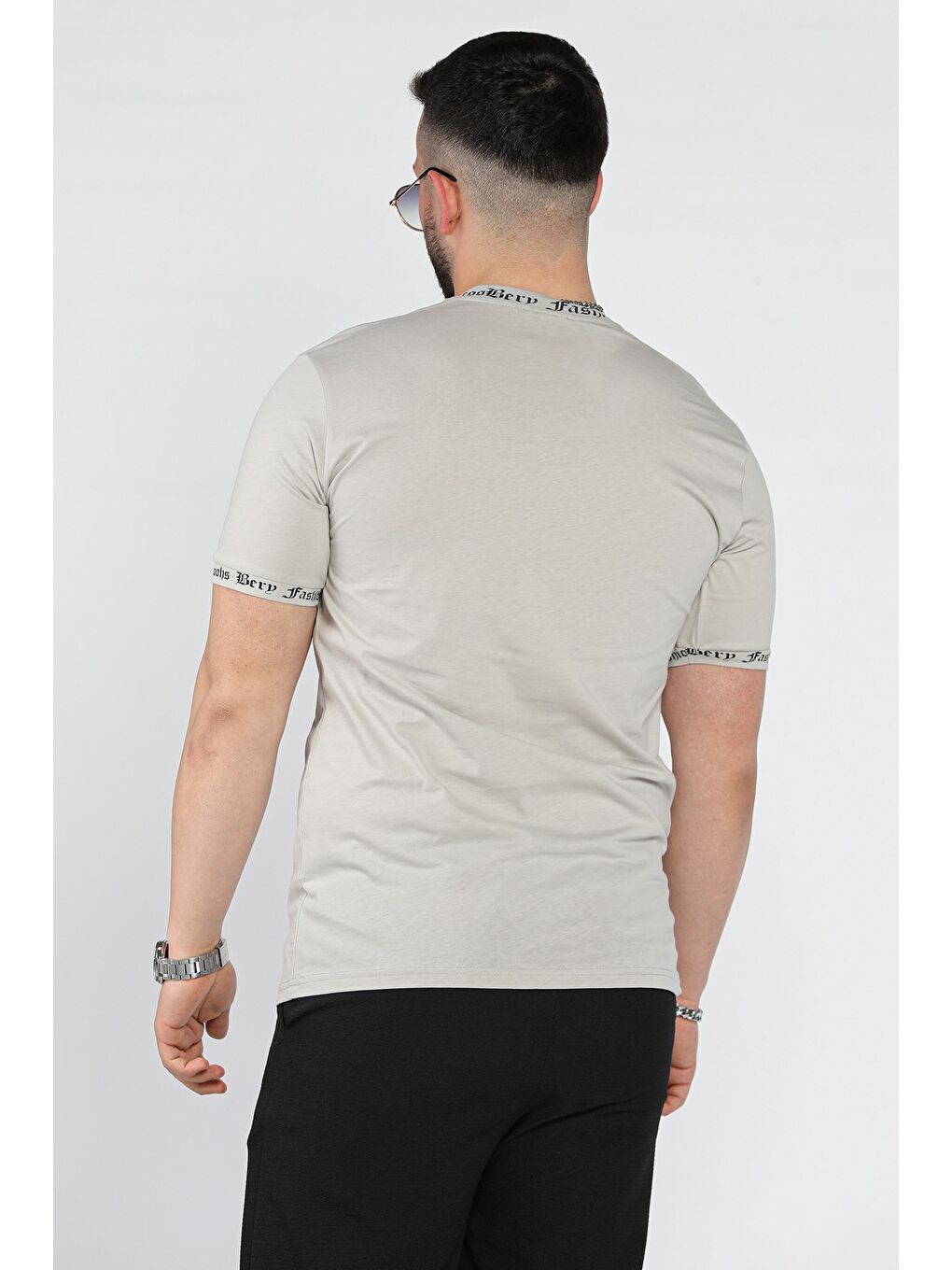 Gri Erkek Bisiklet Yaka Yazı Baskılı Tişört-2
